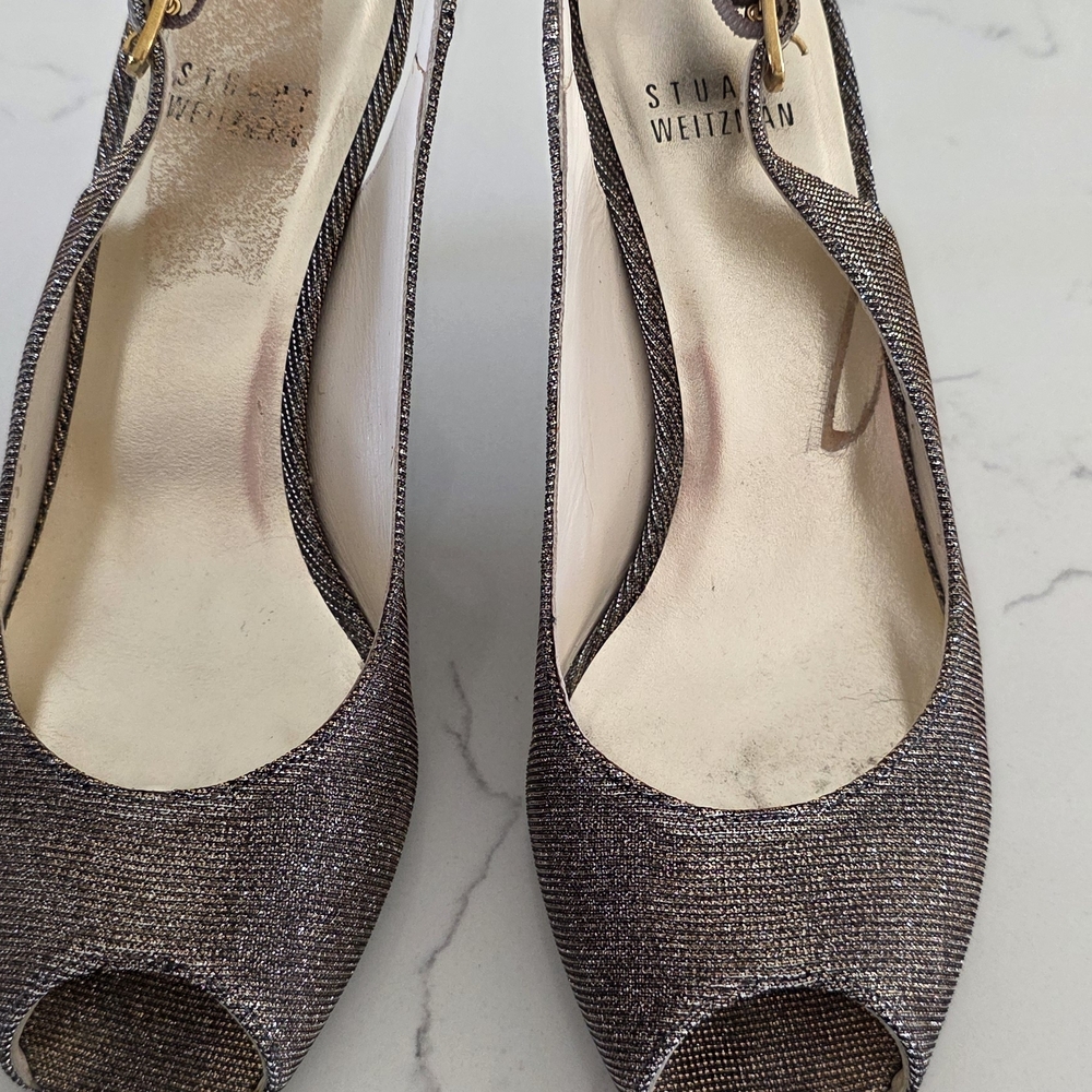 Stuart Weitzman Women's Glittering Gray Peep-Toe Heels